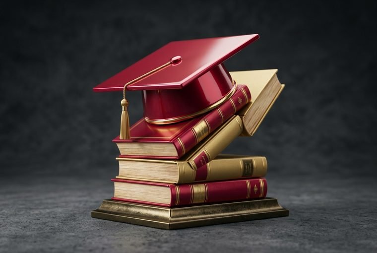 3D education icon sculpture in crimson and gold