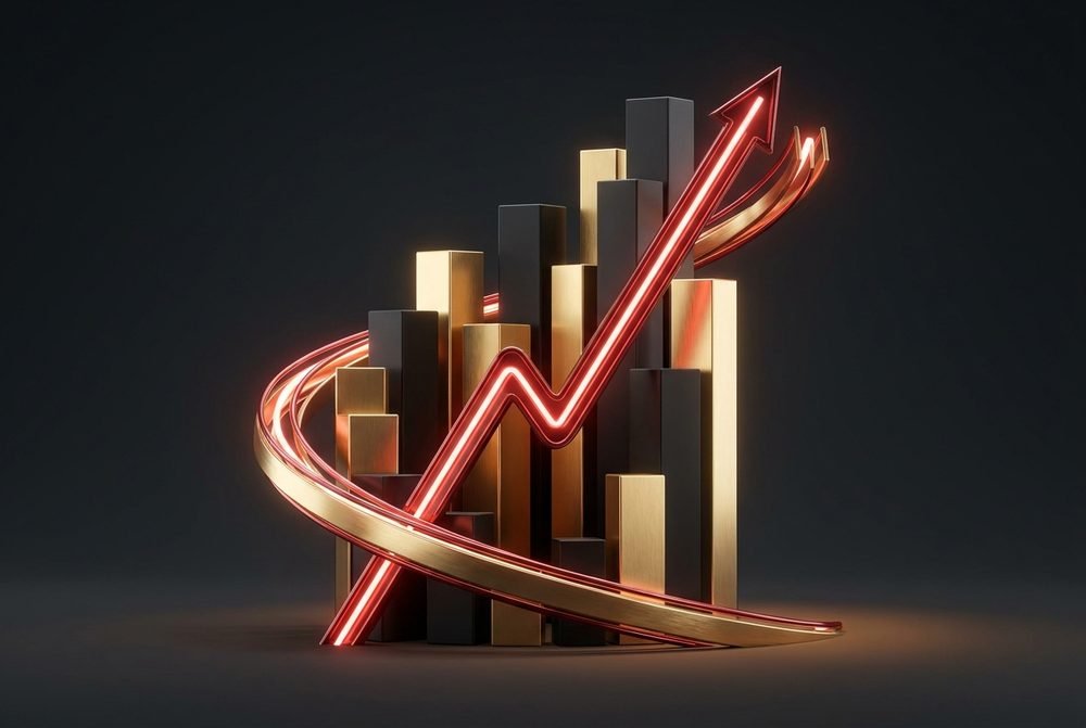 Abstract 3D growth chart sculpture in crimson and gold