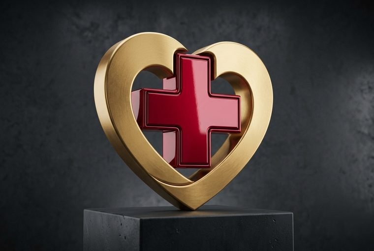 3D healthcare icon sculpture in crimson and gold