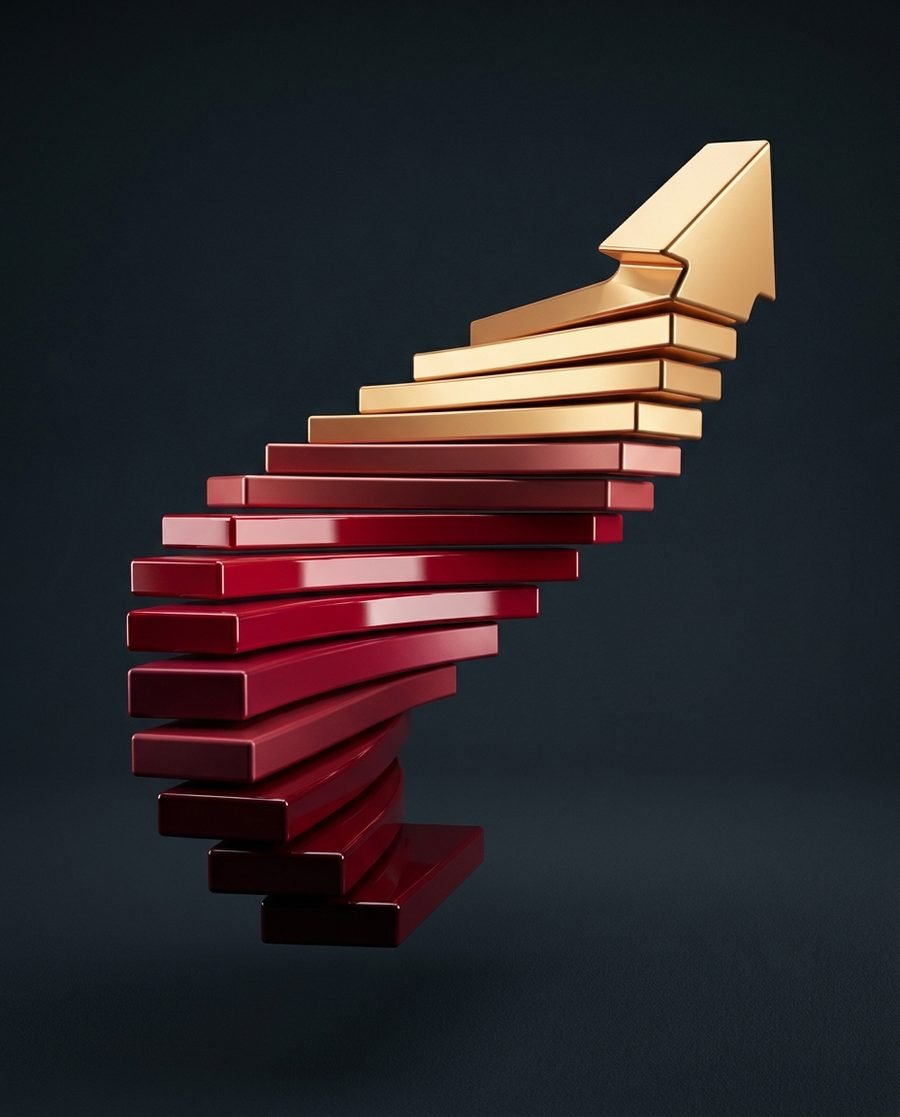 Bold 3D sculpture of rising crimson bars forming a gold ascending arrow